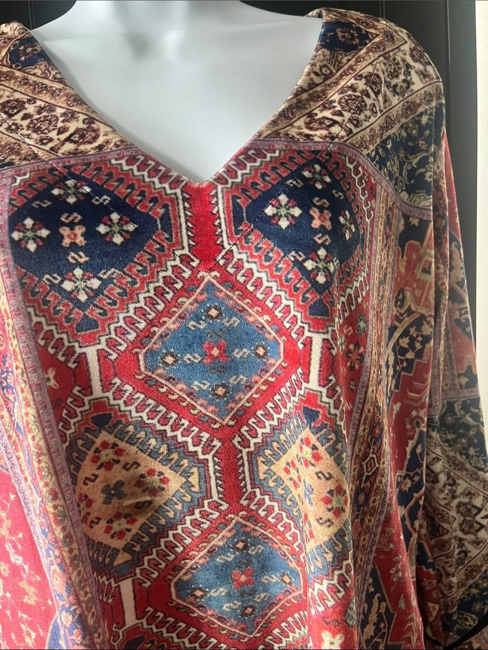 Boho V-Neck Red Multi-Pattern Tunic Top - Picture 3 of 5